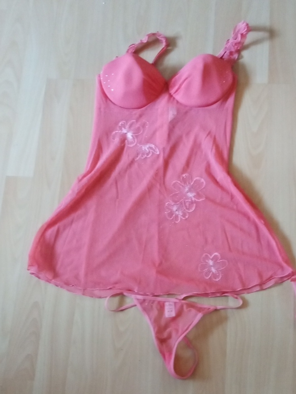 La SENZA Pink Sheer Floral Babydoll Chemise with Matching G-String